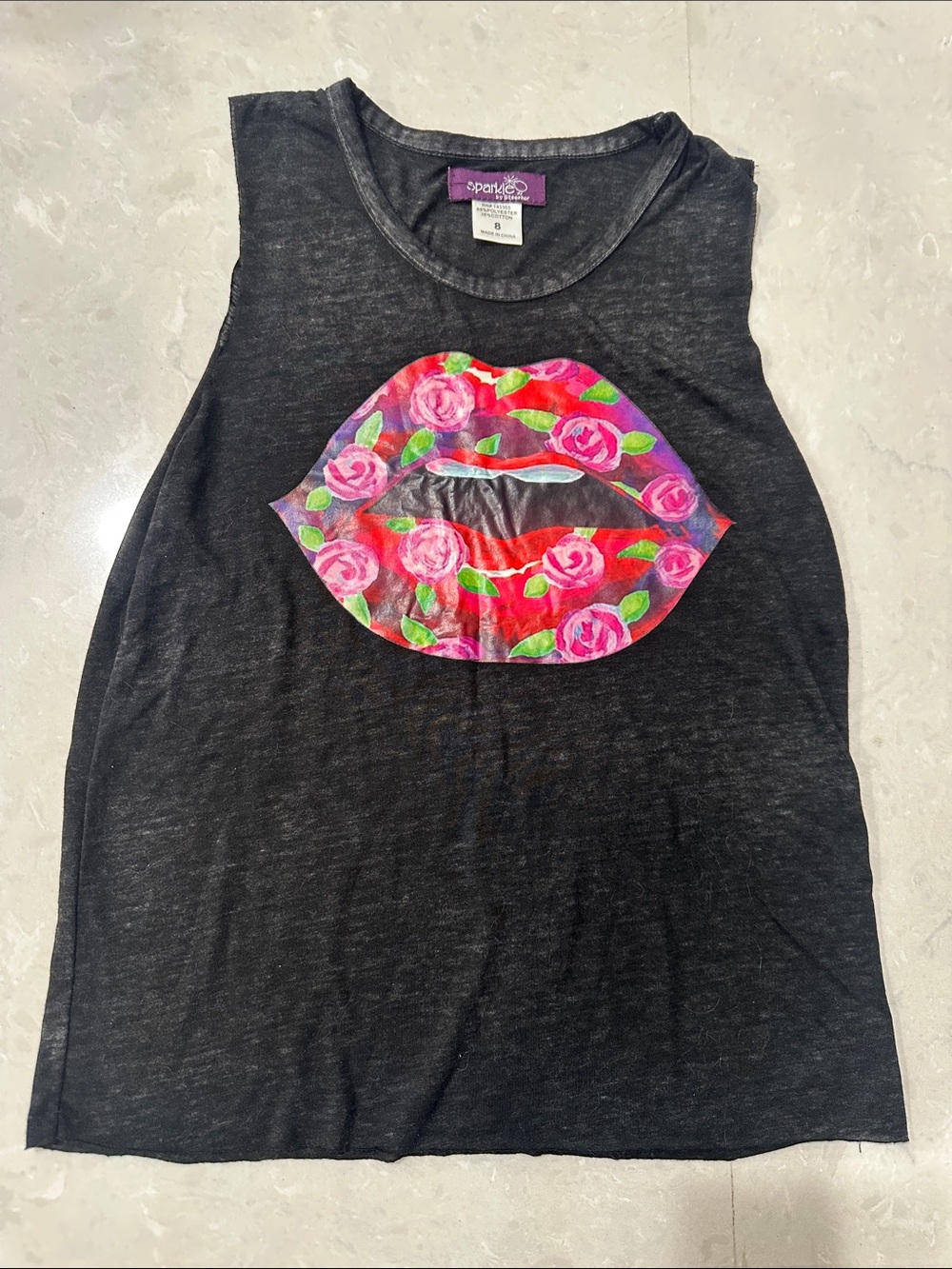Sparkle Girls Size 8 Charcoal Gray Floral Lips Graphic Sleeveless Top